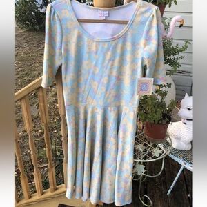 Lularoe Mod Floral Nicole Dress Size XL Blue Yellow Pink Stretch Knit Womens